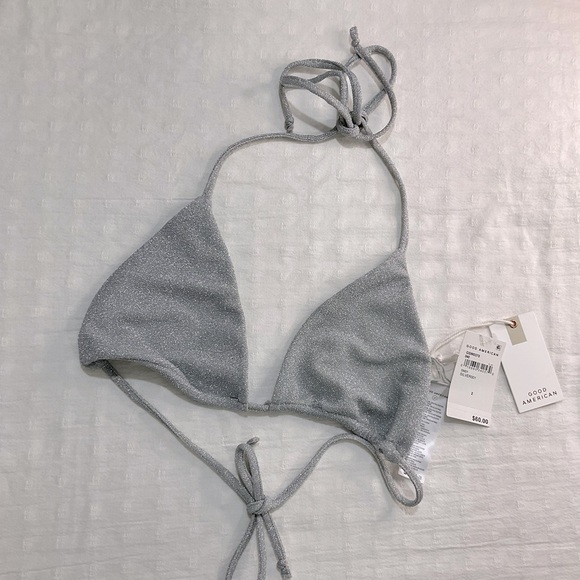 NWT Good American Silver Sparkle Tiny Ties Bikini Top Size 2 Medium Triangle - Picture 5 of 8